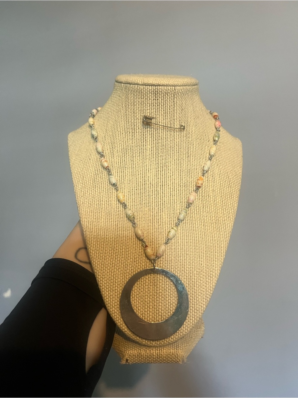 #18. Handmade Up Cycled Multicolor Necklace with Large Metal Circle Boho Pendant
